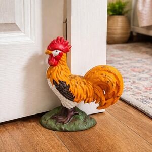 Cast Iron Rooster Doorstop Painted Polychrome Vintage 1950s Farmhouse Folk Art